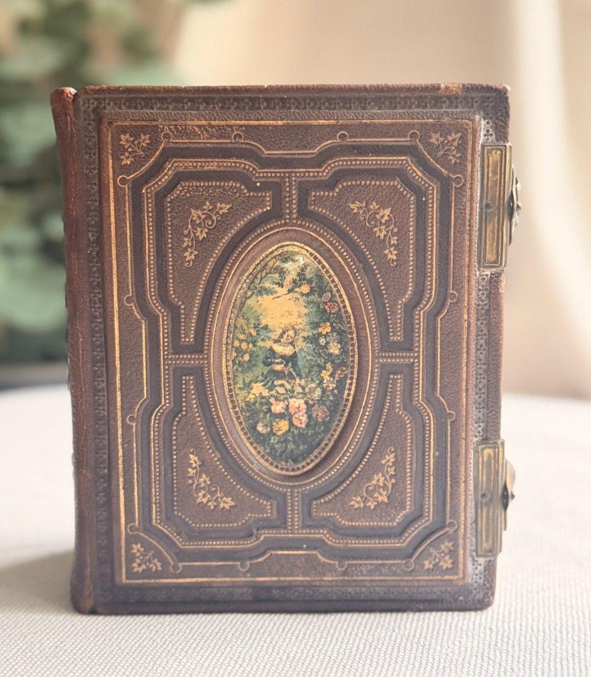 Antique Victorian Photo Album 1800s Leather Brass Clasp Gilt Photograph Book