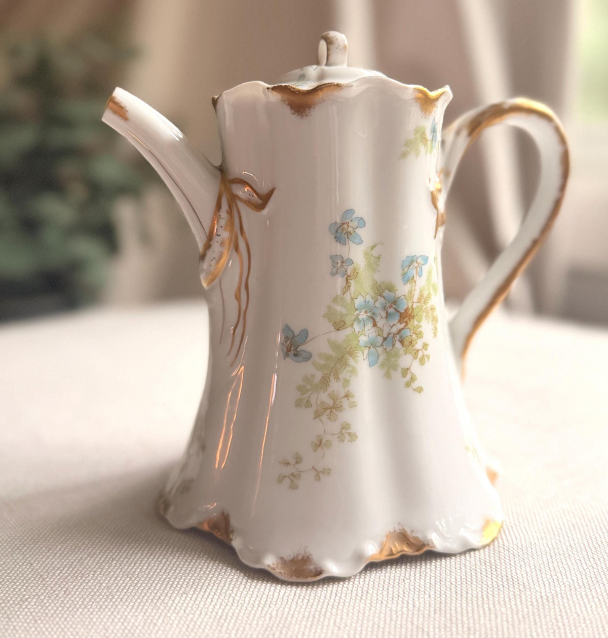 Antique Haviland Limoges Teapot Schleiger 52-B Blue Floral Gold Trim French Porcelain Coffee Pot